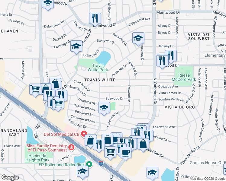 map of restaurants, bars, coffee shops, grocery stores, and more near 10453 Chinaberry Drive in El Paso