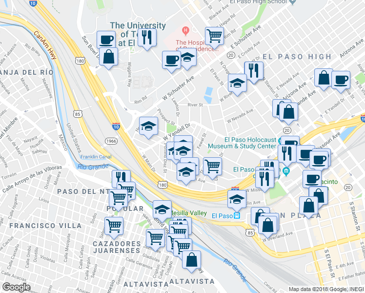 map of restaurants, bars, coffee shops, grocery stores, and more near 907 Upson Drive in El Paso