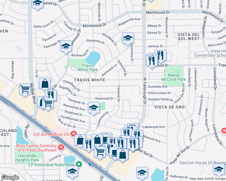 map of restaurants, bars, coffee shops, grocery stores, and more near 10481 Chinaberry Drive in El Paso