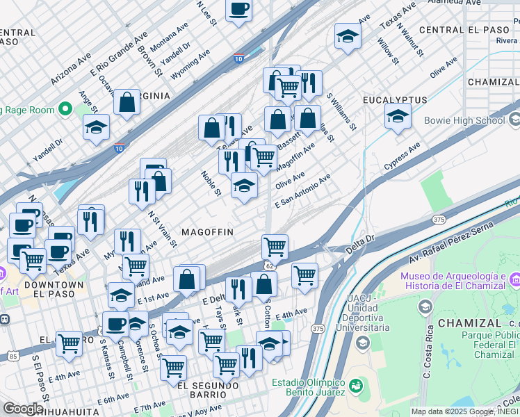 map of restaurants, bars, coffee shops, grocery stores, and more near 1415 East San Antonio Avenue in El Paso