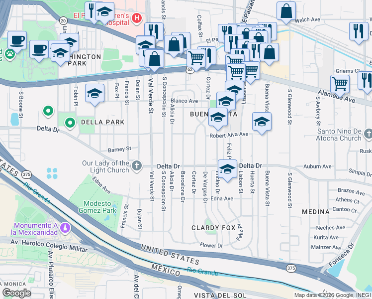map of restaurants, bars, coffee shops, grocery stores, and more near 424 Barcelona Drive in El Paso