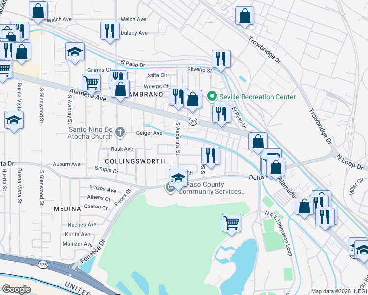 map of restaurants, bars, coffee shops, grocery stores, and more near 9 South Seville Drive in El Paso