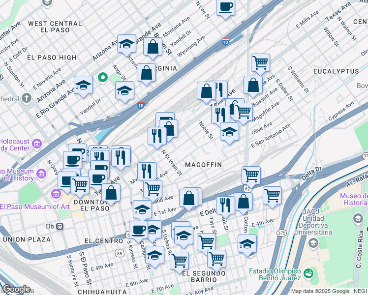 map of restaurants, bars, coffee shops, grocery stores, and more near 1010 Myrtle Avenue in El Paso