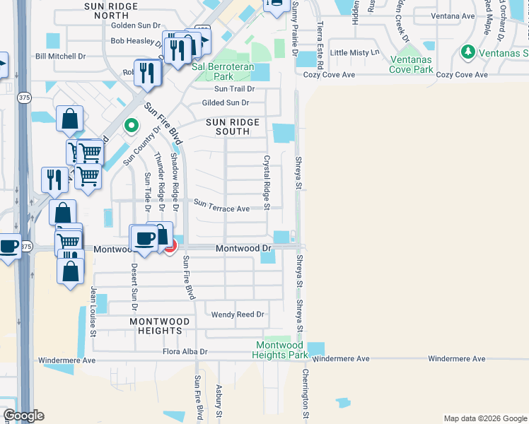 map of restaurants, bars, coffee shops, grocery stores, and more near 12644 Sun Terrace Avenue in El Paso