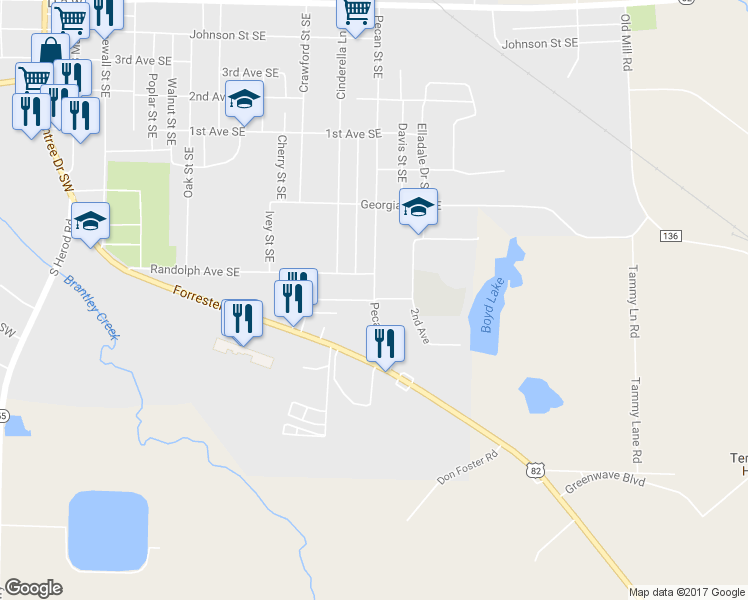 map of restaurants, bars, coffee shops, grocery stores, and more near 699 Pecan Street Southeast in Dawson