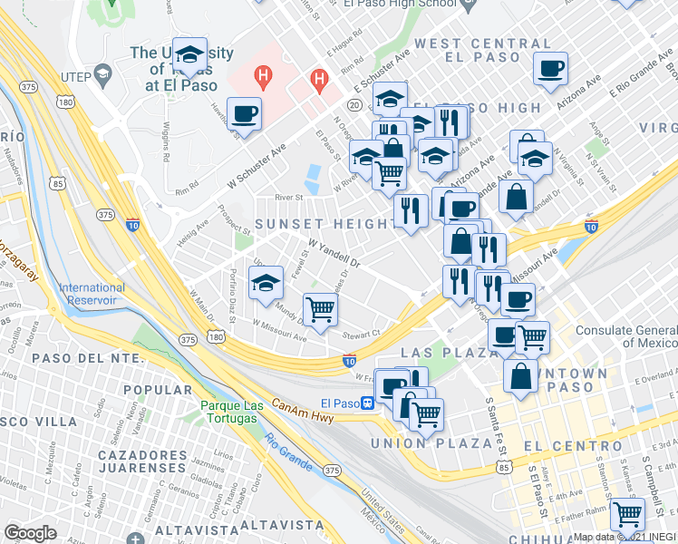 map of restaurants, bars, coffee shops, grocery stores, and more near 519 Los Angeles Drive in El Paso