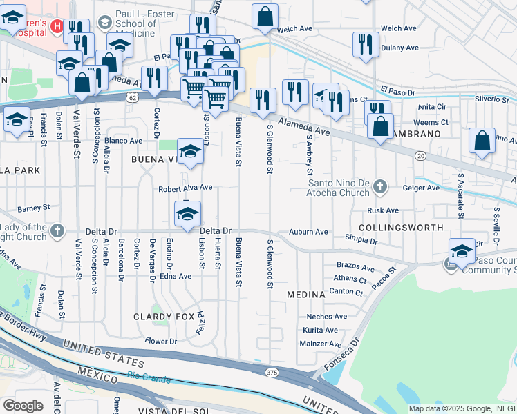 map of restaurants, bars, coffee shops, grocery stores, and more near 218 Buena Vista Street in El Paso