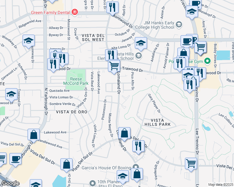 map of restaurants, bars, coffee shops, grocery stores, and more near 1703 Villa Santos Circle in El Paso