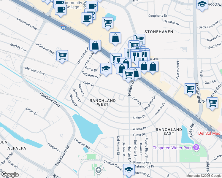 map of restaurants, bars, coffee shops, grocery stores, and more near 7323 Cuba Drive in El Paso