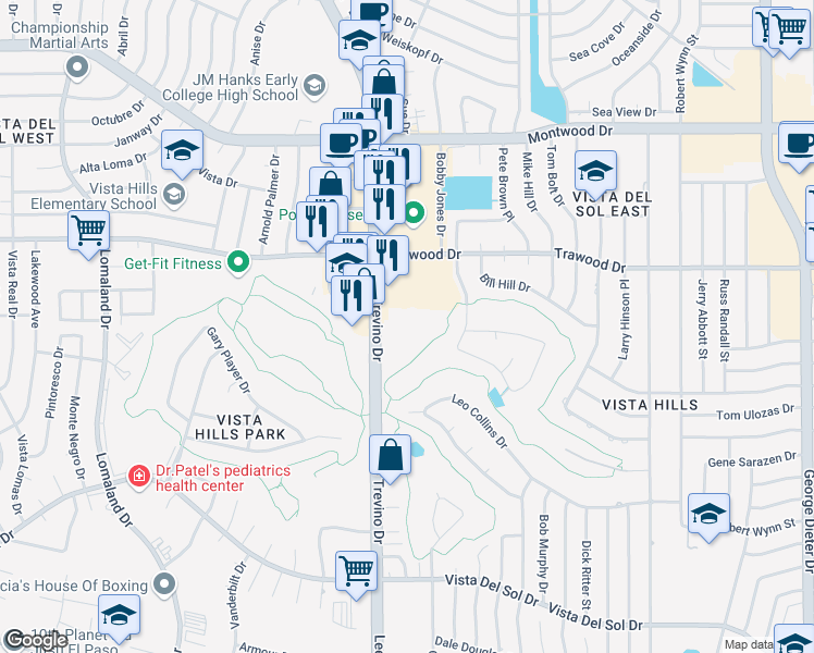 map of restaurants, bars, coffee shops, grocery stores, and more near 1755 Billy Casper Drive in El Paso