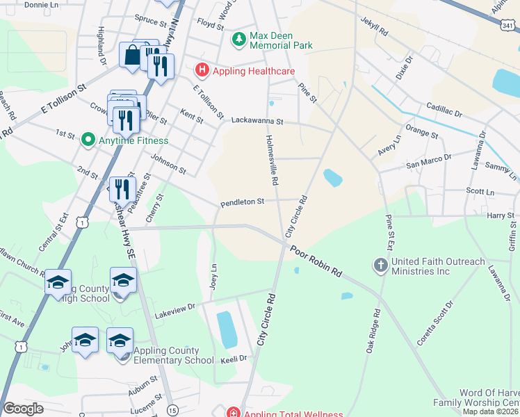 map of restaurants, bars, coffee shops, grocery stores, and more near 414 Pendleton Street in Baxley