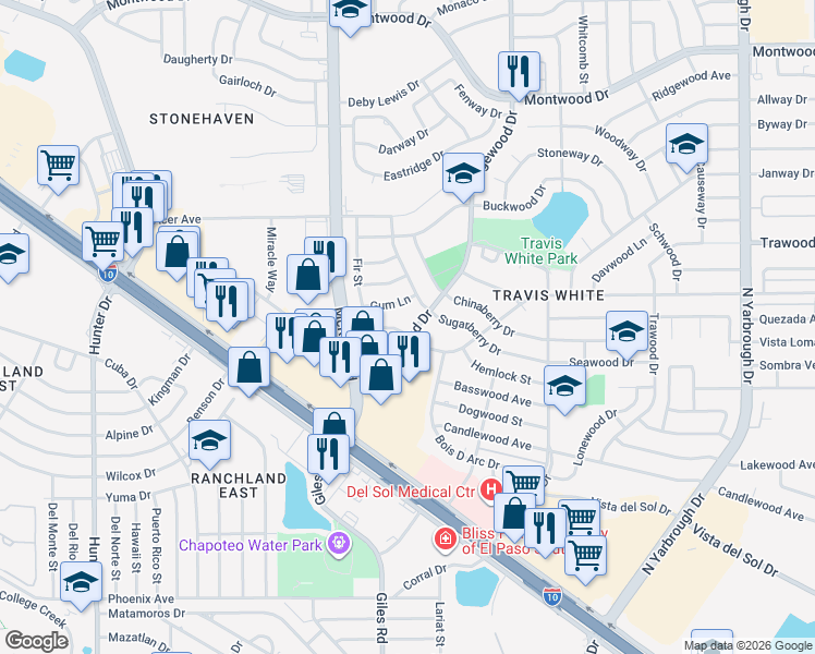 map of restaurants, bars, coffee shops, grocery stores, and more near 1301 Wedgewood Drive in El Paso