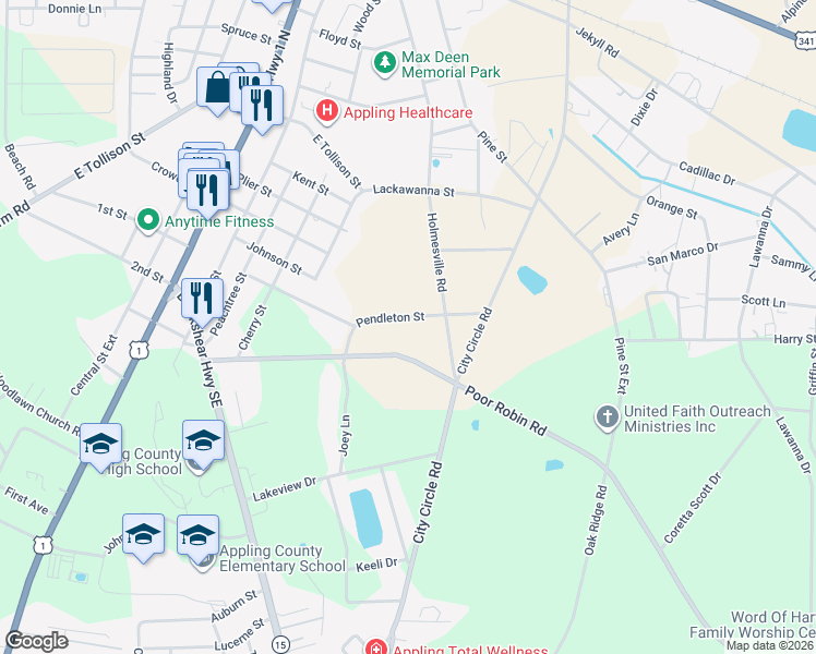 map of restaurants, bars, coffee shops, grocery stores, and more near 414 Pendleton Street in Baxley