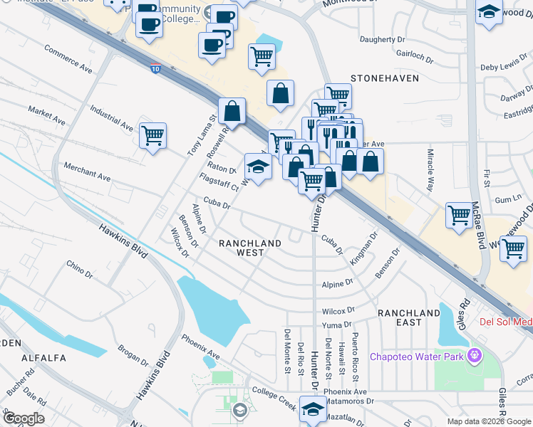 map of restaurants, bars, coffee shops, grocery stores, and more near 7323 Cuba Drive in El Paso