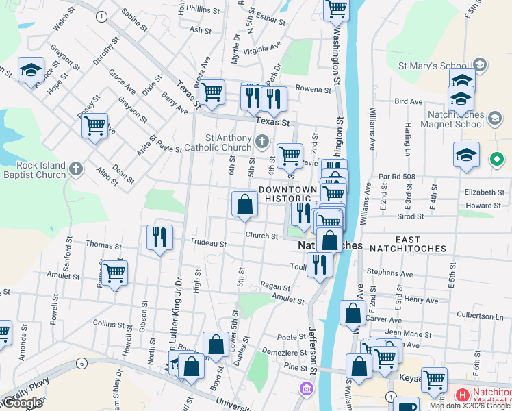 map of restaurants, bars, coffee shops, grocery stores, and more near 701-721 5th St in Natchitoches