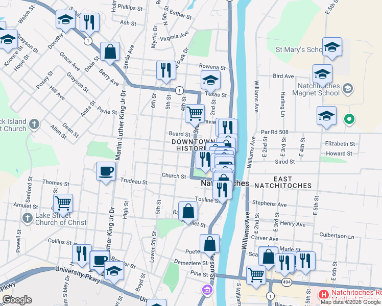 map of restaurants, bars, coffee shops, grocery stores, and more near in Natchitoches