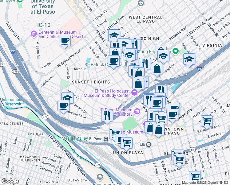 map of restaurants, bars, coffee shops, grocery stores, and more near 601 West Yandell Drive in El Paso