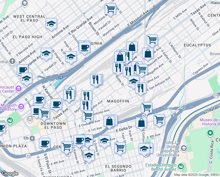 map of restaurants, bars, coffee shops, grocery stores, and more near 1010 Myrtle Avenue in El Paso