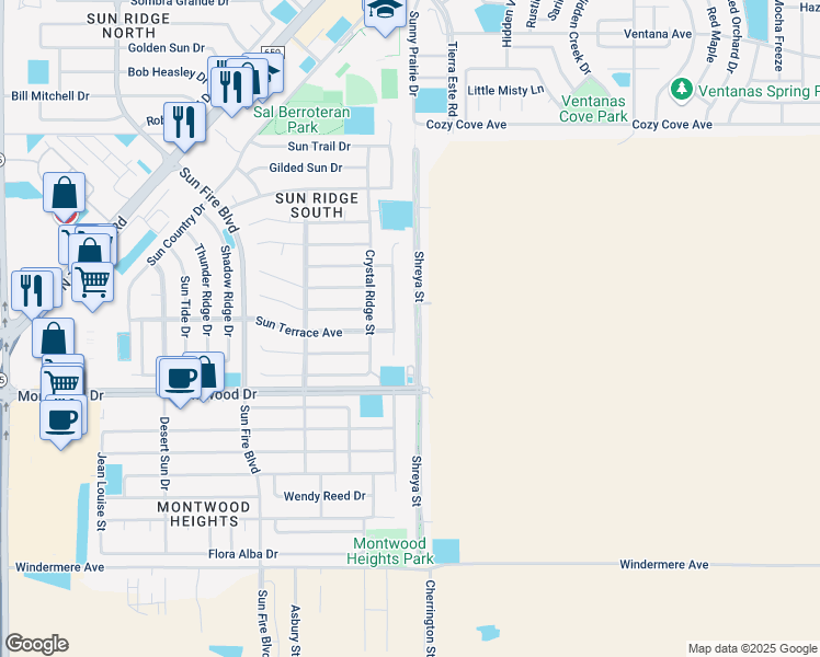 map of restaurants, bars, coffee shops, grocery stores, and more near 1953 Shreya Street in El Paso
