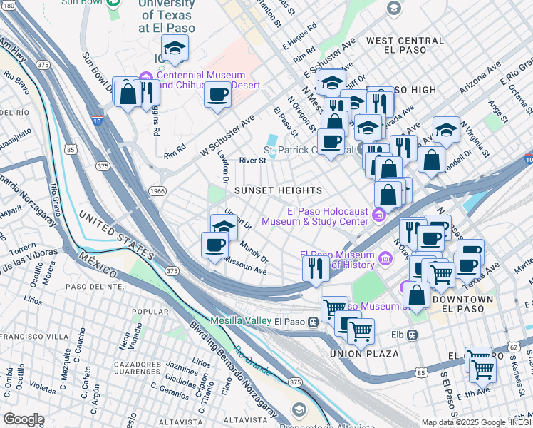 map of restaurants, bars, coffee shops, grocery stores, and more near in El Paso