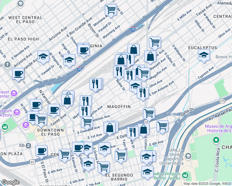 map of restaurants, bars, coffee shops, grocery stores, and more near 1101 Magoffin Avenue in El Paso