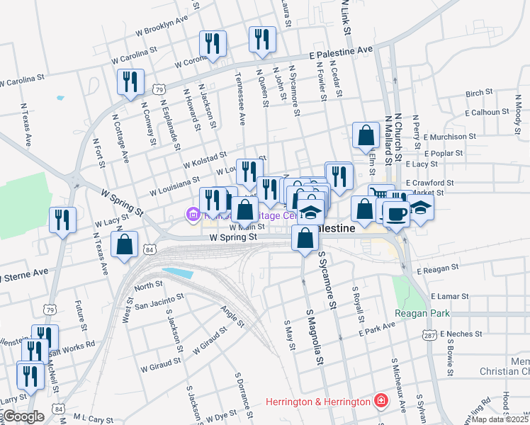 map of restaurants, bars, coffee shops, grocery stores, and more near 503 North Queen Street in Palestine