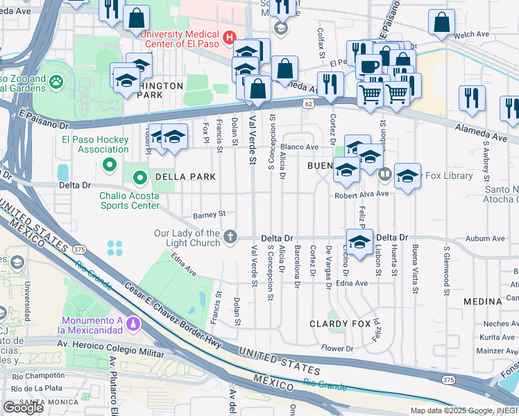 map of restaurants, bars, coffee shops, grocery stores, and more near 422 Val Verde Street in El Paso