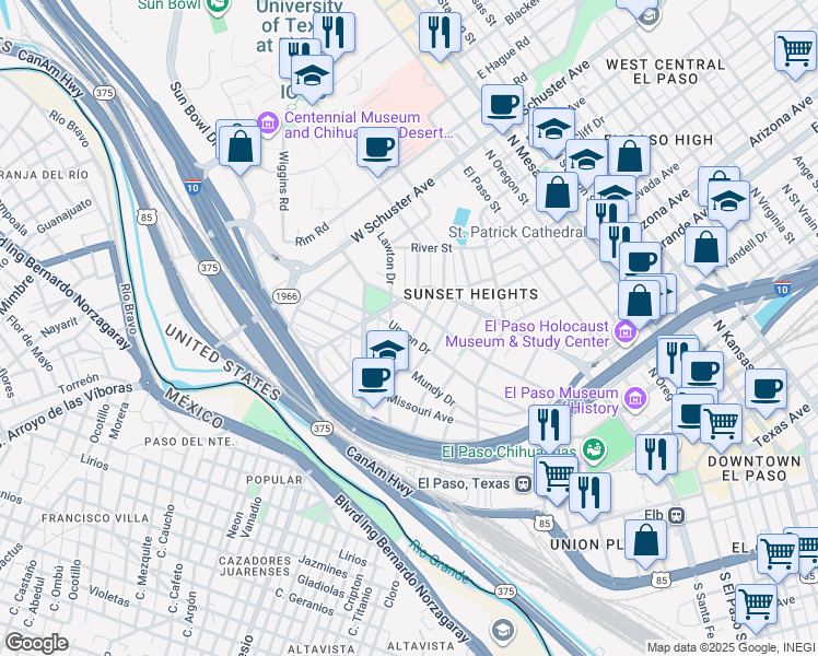 map of restaurants, bars, coffee shops, grocery stores, and more near 1003 Upson Drive in El Paso