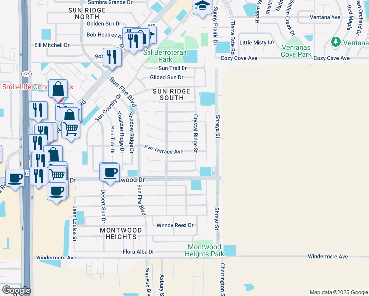 map of restaurants, bars, coffee shops, grocery stores, and more near 12629 Sun Terrace Avenue in El Paso