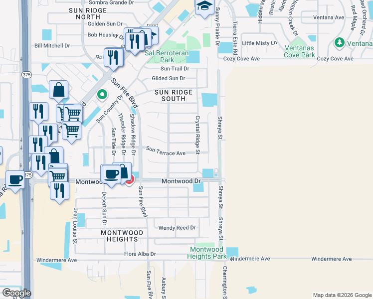 map of restaurants, bars, coffee shops, grocery stores, and more near 12629 Sun Terrace Avenue in El Paso