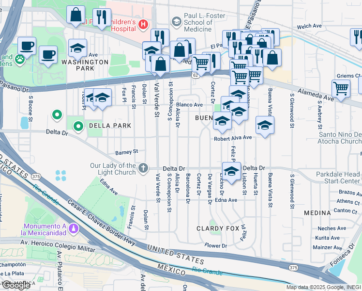map of restaurants, bars, coffee shops, grocery stores, and more near 429 Alicia Drive in El Paso