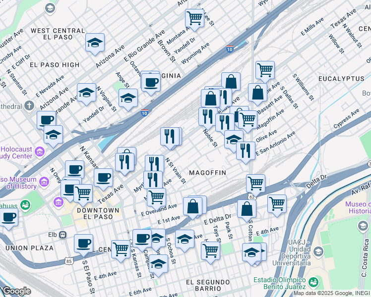 map of restaurants, bars, coffee shops, grocery stores, and more near 1010 Myrtle Avenue in El Paso