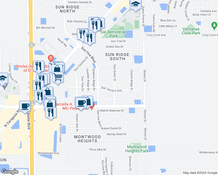 map of restaurants, bars, coffee shops, grocery stores, and more near 12529 Sun Terrace Avenue in El Paso