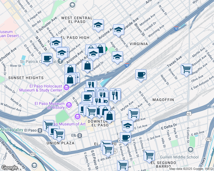 map of restaurants, bars, coffee shops, grocery stores, and more near 420 North Campbell Street in El Paso