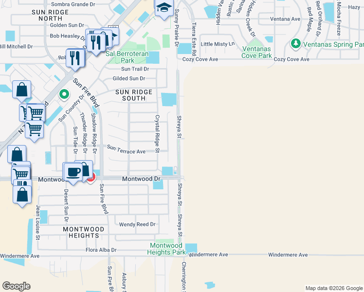 map of restaurants, bars, coffee shops, grocery stores, and more near 1960 Shreya Street in El Paso