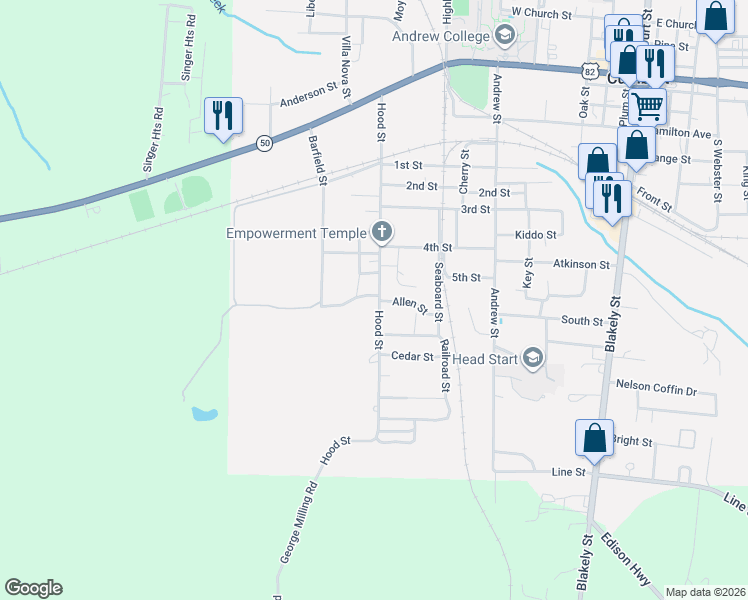 map of restaurants, bars, coffee shops, grocery stores, and more near 211 Hood Street in Cuthbert
