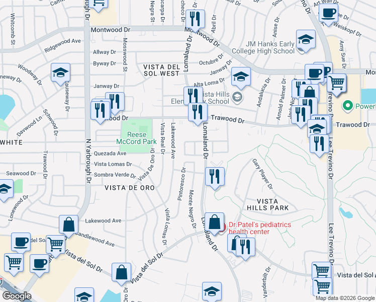 map of restaurants, bars, coffee shops, grocery stores, and more near 1713 Villa Santos Circle in El Paso