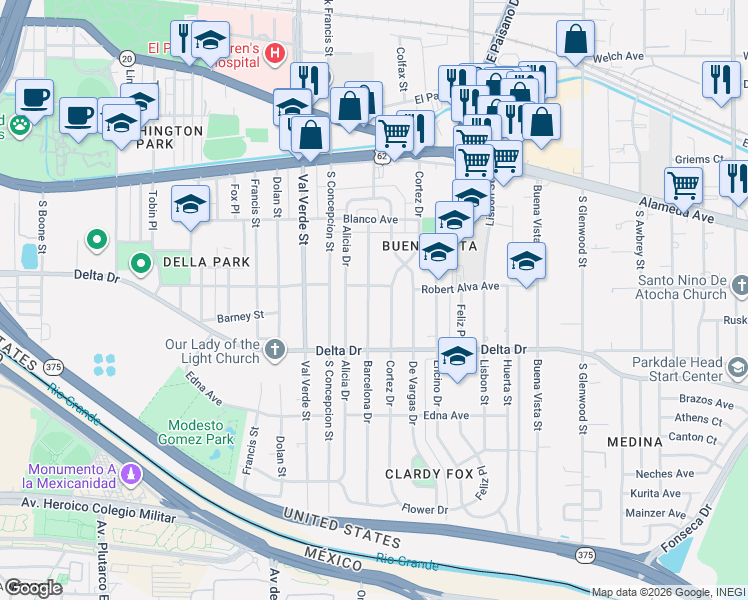 map of restaurants, bars, coffee shops, grocery stores, and more near 424 Barcelona Drive in El Paso