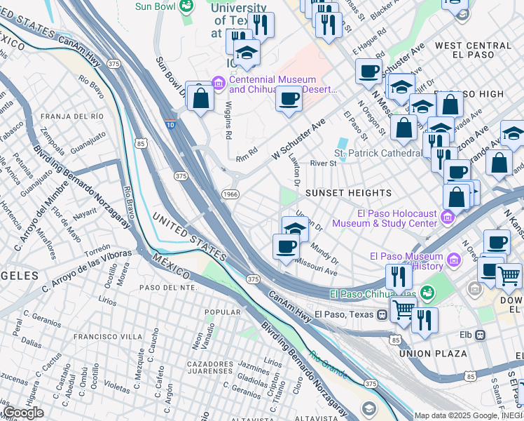 map of restaurants, bars, coffee shops, grocery stores, and more near 1400 West Yandell Drive in El Paso