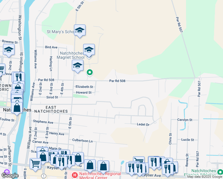 map of restaurants, bars, coffee shops, grocery stores, and more near 636-724 Whitfield Drive in Natchitoches