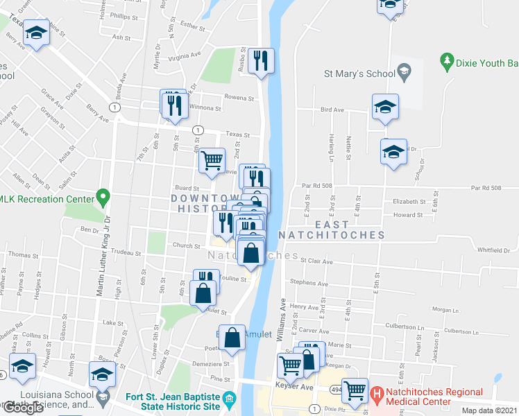 map of restaurants, bars, coffee shops, grocery stores, and more near 798 Washington St in Natchitoches