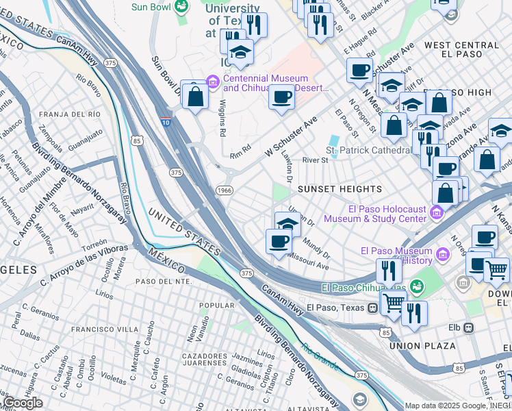 map of restaurants, bars, coffee shops, grocery stores, and more near 1400 West Yandell Drive in El Paso