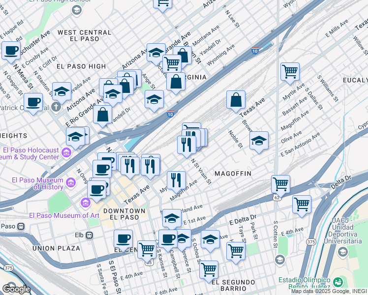 map of restaurants, bars, coffee shops, grocery stores, and more near 220 North Saint Vrain Street in El Paso