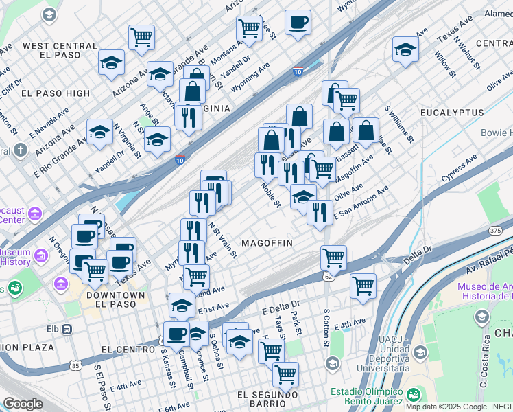 map of restaurants, bars, coffee shops, grocery stores, and more near 1108 Myrtle Avenue in El Paso