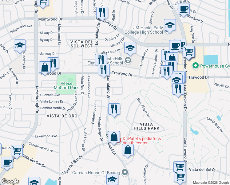 map of restaurants, bars, coffee shops, grocery stores, and more near 10811 Poza Rica Court in El Paso
