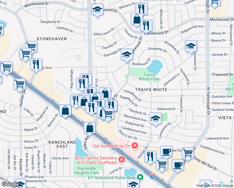 map of restaurants, bars, coffee shops, grocery stores, and more near 10016 Chinaberry Drive in El Paso
