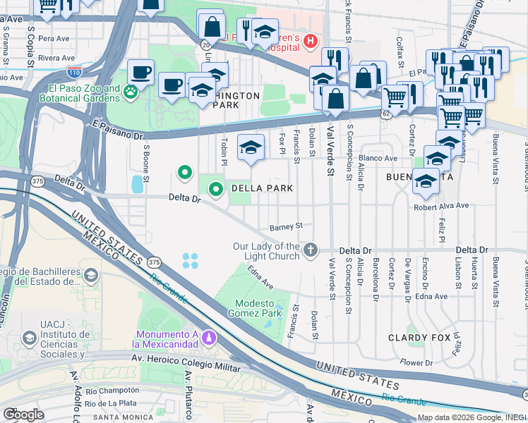 map of restaurants, bars, coffee shops, grocery stores, and more near 348 French Place in El Paso