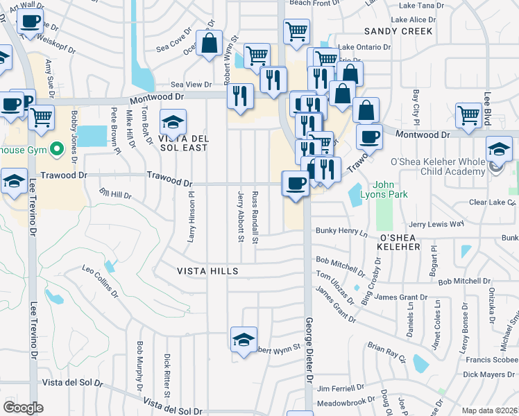 map of restaurants, bars, coffee shops, grocery stores, and more near 1738 Russ Randall Street in El Paso