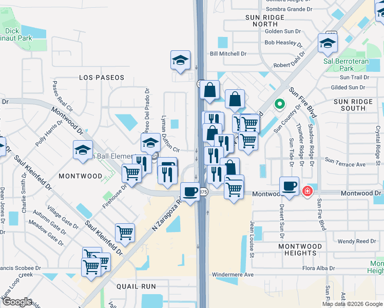 map of restaurants, bars, coffee shops, grocery stores, and more near 2153 Lyman Dutton Circle in El Paso