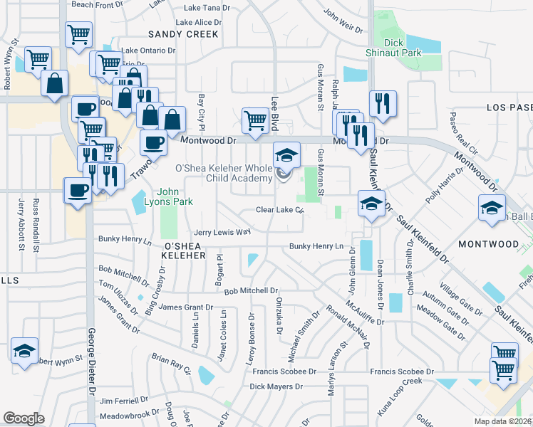 map of restaurants, bars, coffee shops, grocery stores, and more near 11665 Clear Lake Circle in El Paso